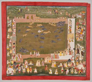 Maharana Sangram Singh II von Mewar (r. 1710–34) und veranstaltet eine Wildschweinjagd mit Tigern in Sadri