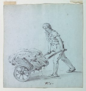 Mann, der eine Schubkarre schiebt, mögliche Skizze für eine Insel für einen Baumwollstoffdruck von Unknown artist