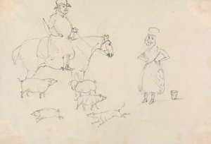 Mann auf Pferd mit Schweinen von Unknown artist