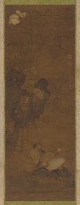 Mandarinenten, Felsen und eine blühende Pflanze von Unknown artist