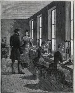 Herstellung von Metallfedern: Ausschneidewerkstatt in Frankreich im 19. Jahrhundert. Gravur von 1885 in „Les arts et métiers illustrés“ von Adolphe Bitard. von Unknown artist