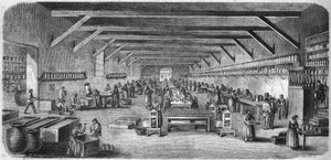 Herstellung von Senf und Konserven bei Louit Frères in Bordeaux. Flaschen- und Verpackungsraum. Gravur von 1865.