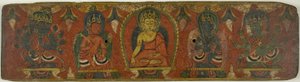 Manuskriptumschlag mit Buddha, zwei Bodhisattvas und zwei Schutzgottheiten (Lokapalas)