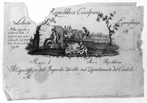 Karte der Cisalpinischen Republik, geschaffen von Napoleon Bonaparte am 27.06.1797 nach dem französischen Modell in Italien, die 1802 zur Italienischen Republik wurde. Die Werte der Französischen Republik sind darin verankert (Freiheit, Gleichheit). Gravur