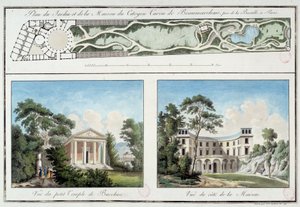 Karte des Gartens und Hauses des französischen Schriftstellers und Dramatikers Pierre Augustin Caron de Beaumarchais (1732-1799) am heutigen Boulevard Beaumarchais in Paris. Gravur um 1795. Paris, Musée Carnavalet