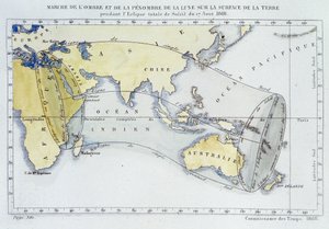 Karte, veröffentlicht vom Bureau of Longitudes, zeigt den Verlauf des Schattens und der Dunkelheit des Mondes auf der Erdoberfläche während der Sonnenfinsternis von 1868 von Unknown artist