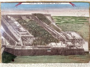 Maschine von Marly de Rennequin zur Wasserförderung der Seine nach Versailles über das Marly-Aquädukt. Gravur aus dem 18. Jahrhundert von Unknown artist