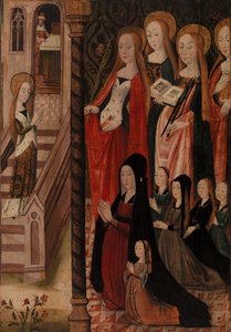 Maria geht zum Tempel, vier weibliche Heilige und eine weibliche Stifterin mit ihren Töchtern