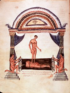Medizin: Reduktion einer ausgerenkten Wirbelsäule - der Patient wird auf einem Holzbrett fixiert, einer der Therapeuten steht auf seinem Rücken (Manuskript) von Unknown artist