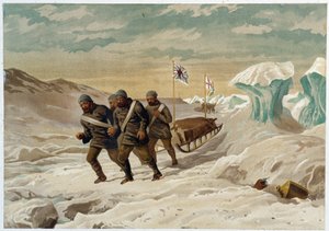 Männer und Schlitten auf dem Eis - in "Die Küsten des Polarmeeres, eine Erzählung der Arktisexpedition", von Dr. Edward Moos, Marcus Nard & Co, London
