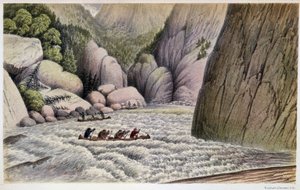Männer im Kanu, die Stromschnellen hinunterfahren: „An escape at the fourth rapid“ - in „Exploration of the Labrador Peninsula“ von Hind, London