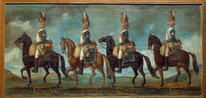 Militäruniformen der Dragoner nach der Ordnung von 1779: Regimenter von Lanan (Nr. 20), Belsunce (Nr. 21), Languedoc (Nr. 22), Schomberg (Nr. 24) von Unknown artist