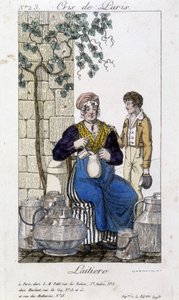 Milchmädchen gießt Milch in eine Flasche für einen jungen Mann - in „Cris de Paris“, Anfang 19. Jahrhundert von Unknown artist