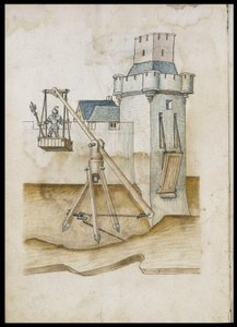 Grabenübergangssystem durch Hebel - Manuskript: Pergamentblatt eines Ingenieurhandbuchs für den Bau ziviler, religiöser und militärischer Gebäude, anonym, spätes 15. Jahrhundert (Figur in chinesischer Tinte)