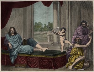 Moliere Jean Baptiste Poquelin (1622-1673) beschwört den Geist der Komödie, um das Laster zu stürzen und die Heuchelei zu entlarven - Gravur nach einem Gemälde, das im 17. Jahrhundert verschwand von Unknown artist