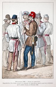 Bergbewohner (1848), eine Gruppe von Kämpfern, von denen einer die phrygische Mütze und die revolutionäre Kokarde trägt. Farbradierung, Reproduktion einer Zeichnung, die auf Wunsch von Alexandre Ledru-Rollin (Ledru Rollin) (1807-1874) im Hof des Justizpala von Unknown artist