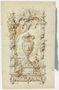 Monumentale Vase in Zierrahmen (recto); Skizze eines stehenden Mannes mit Sonnenschirm und Papagei, und Architekturstudien (verso) von Unknown artist