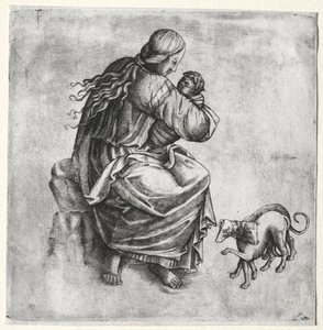 Mutter und Kind mit zwei Hunden von Unknown artist