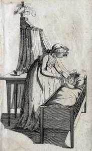 Mutter und Baby in einer Wiege. Gravur Ende des 18. Jahrhunderts. Private Sammlung