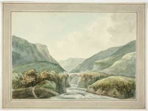 Bergstadt bei Brücke über Stromschnellen von Unknown artist