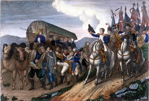Napoleon grüßt verwundete Soldaten. Gravur des 19. Jahrhunderts