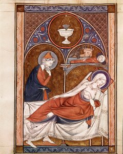Geburt Christi: die Jungfrau Maria liegt hier auf einem Bett Seite aus dem Manuskript „Psalterium Cum Calendario“ 13. Jahrhundert Padua, Bibliothek des Seminars von Unknown artist