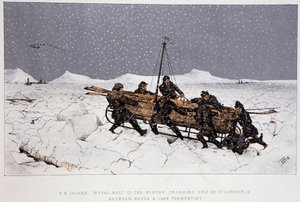 In der Nähe des Flusses, Golf von St. Lawrence: Boot auf einem Schlitten, nahe Brule und Cape Tormentin - in „Sketches of canadian sports and pastimes“ von Lieut. Henry Buckton Laurence von Unknown artist