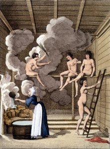 Nackte Figuren in einer finnischen Sauna. Gravur von 1811, beinhaltet ein Buch über die Reise.