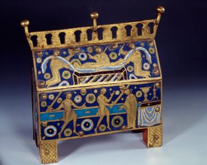 Kunstobjekt: Emailjagd, Gold und Kupfer von Thomas Becket (1118-1170), Erzbischof von Canterbury. Es ist mit Darstellungen der Ermordung des Erzbischofs am 29.12.1170 in der Kathedrale von Canterbury und seiner Beerdigung verziert. von Unknown artist