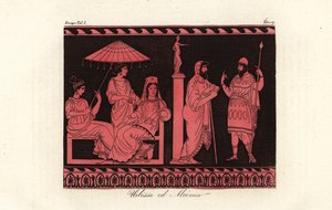 Odysseus wird von Alkinoos, Herrscher der Phaiaken auf der Insel Scheria, bewirtet