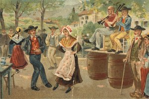 Alte Tradition in der Auvergne: Die Boje während des Festes des Heiligen Johannes. Chromolithographie aus dem späten 19. Jahrhundert.