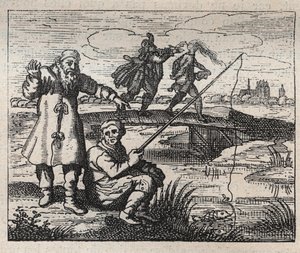 Alte Sprichwörter: Die Gelegenheit ist hinten kahl - Kupferstich 18. Jahrhundert von Unknown artist