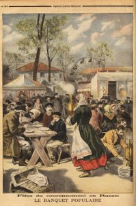 Anlässlich der Krönung von Zar Nikolaus II. wird auf dem Khodinskoie-Übungsfeld in Moskau ein Volksbankett für 500.000 Russen angeboten, dem Theateraufführungen vorausgehen. Gravur in „Le petit journal“ 17/05/1896. Sammlung Selva. von Unknown artist
