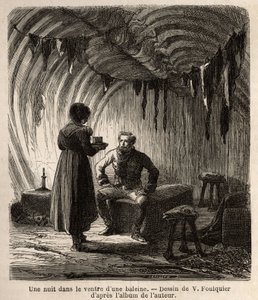 Eine Nacht im Bauch eines Wals, der Autor wird während seiner Reise in einem Boer, dem Zuhause von Fischern, empfangen, dessen Rahmen und Möbel aus dem Skelett des riesigen Wals und aus den Häuten von Robben, Pferden und Hunden bestehen. Illustration der R von Unknown artist