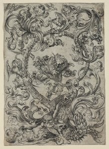 Ornamentales Laubwerk mit einer Eule und anderen Vögeln von Unknown artist