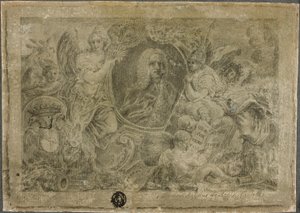 Ovale Porträtbüste, gehalten von allegorischen Figuren
