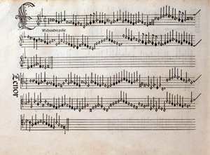Seite der Partitur von Harmonice Musices Odhecaton von Ottaviano Petrucci (1501)