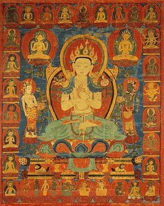 Gemaltes Banner (Thangka) des Bodhisattva Maitreya umgeben von seinem Gefolge