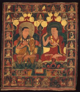 Gemaltes Banner (Thangka) der Linienmalerei von zwei Lamas in Debatte