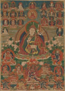 Gemaltes Banner (Thangka) des Weisen Guru Padmasambhava, sitzend mit Donnerkeil (Vajra) und Totenschädel-Schale (Kapala)