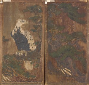 Paar Türen mit Adler auf einem Kiefernbaum auf der einen Seite; Hirsch und Kirschblüten auf der anderen von Unknown artist