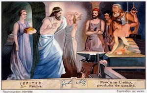 Pandora, die erste Frau, erschaffen auf Befehl von Jupiter - Liebig Chromolithographie