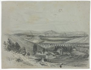 Panoramablick auf eine Eisenbahnbrücke und Stadt