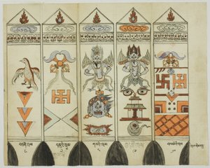 Teil eines zehnteiligen Sets gedruckter Ritualpfähle (Khram Shing)