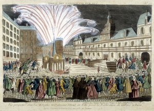 Perspektivische Ansicht eines Feuerwerks vor dem Hôtel de Ville zur Veröffentlichung des Friedens in Paris von Unknown artist