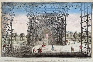 Perspektivische Ansicht der wunderbaren Wiege im Garten des Gouverneurs in Pondichery (Pondicherry), Stadt der Ostindien an der Küste von Coromandel - Gravur von Unknown artist