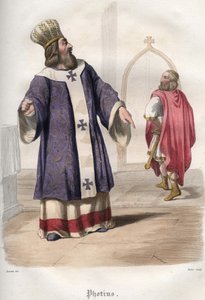 Photios I. (Photius, Fotios) (810-893), Patriarch von Konstantinopel, vertreibt den byzantinischen Kaiser Basileios I. den Makedonier (813-886) aus der Kirche nach dem Mord an Kaiser Michael III. im Jahr 867. von Unknown artist