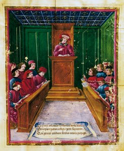 Pietro da Unzola hält eine Vorlesung aus einem Rechtstext an der Universität Bologna