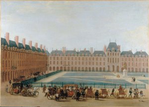 Place Royale, um 1660; Durchfahrt der Kutsche des Königs. Heutiger Place des Vosges, 4. Arrondissement, um 1655-1665