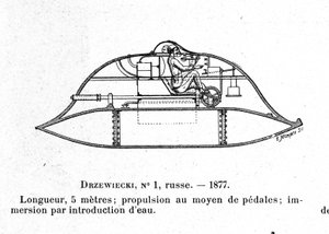 Tafel, die das U-Boot Drzewiecki 1 darstellt, ein Pedal-U-Boot, entworfen von Erfinder und Ingenieur Stefan K. Drzewiecki (1844-1938). Ca. 1877
